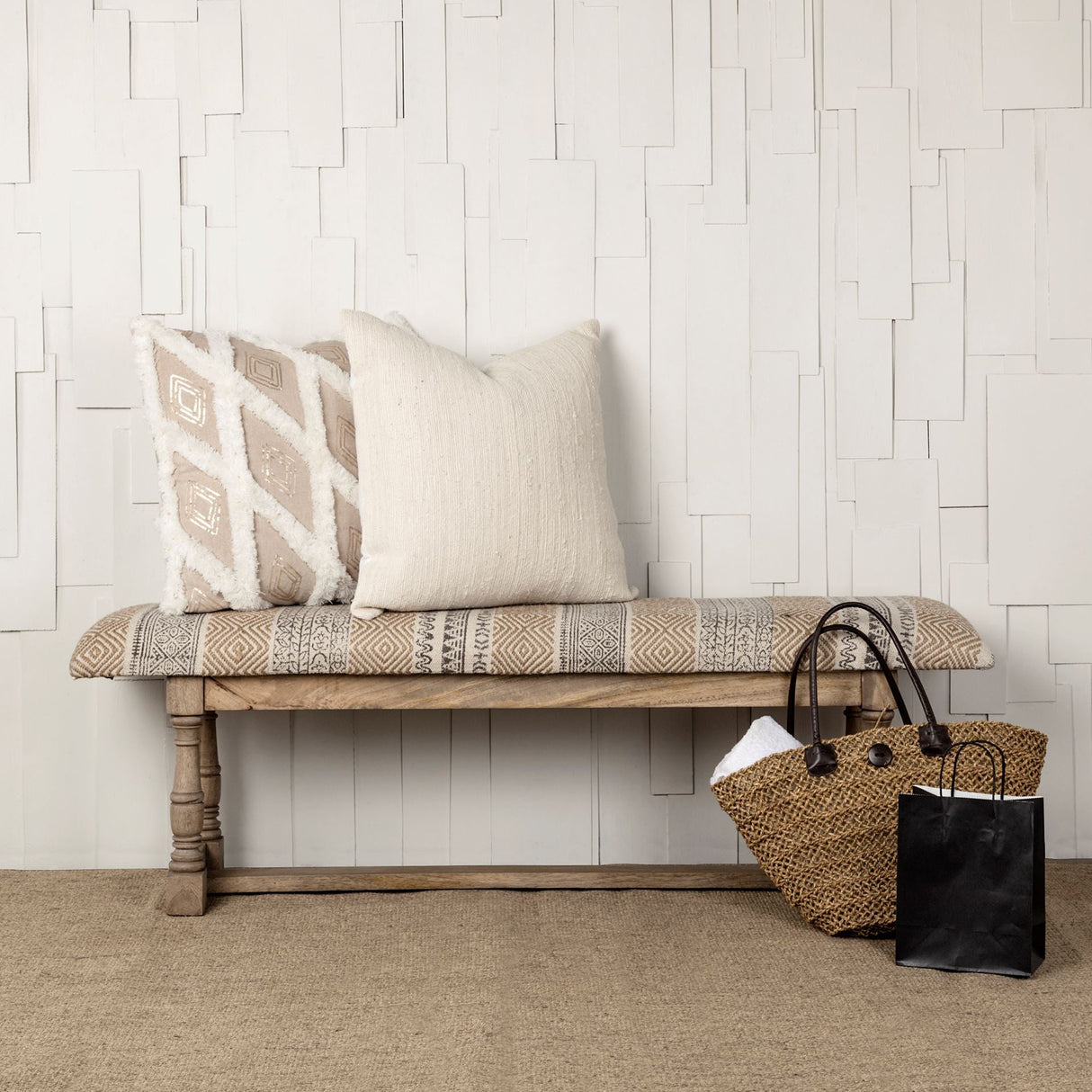 Greenfield II Patterned Tan Upholstered Wood Frame Accent Bench by Mercana at Eve Furniture