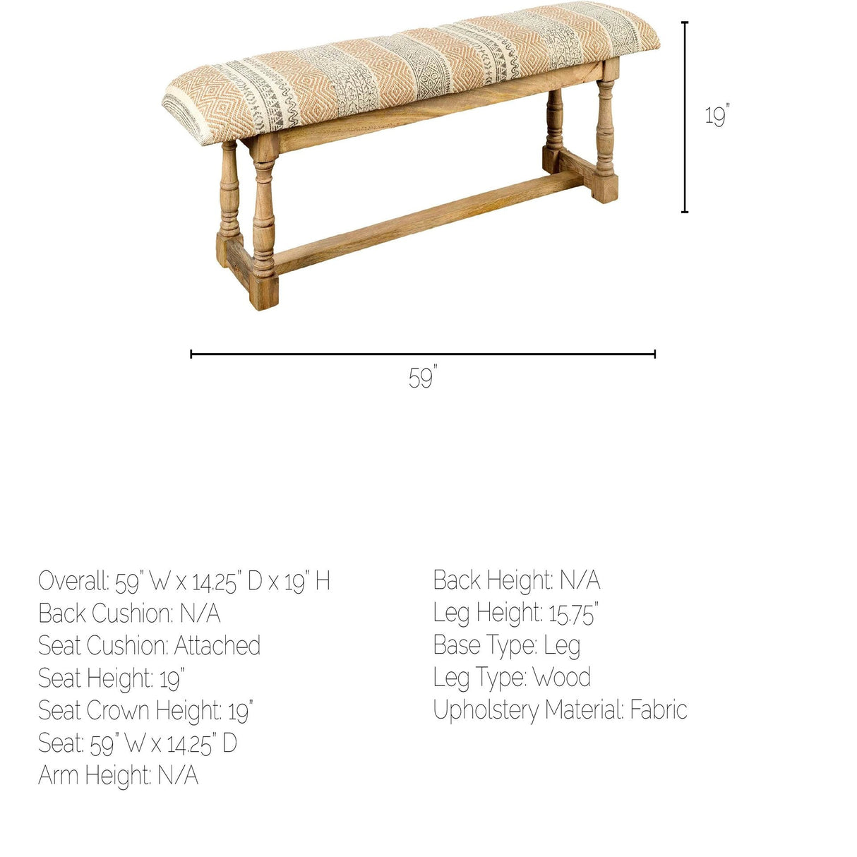 Greenfield II Patterned Tan Upholstered Wood Frame Accent Bench by Mercana at Eve Furniture