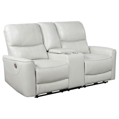 Greenfield Ivory Upholstered Power Reclining Loveseat with Console by Coaster at Eve Furniture