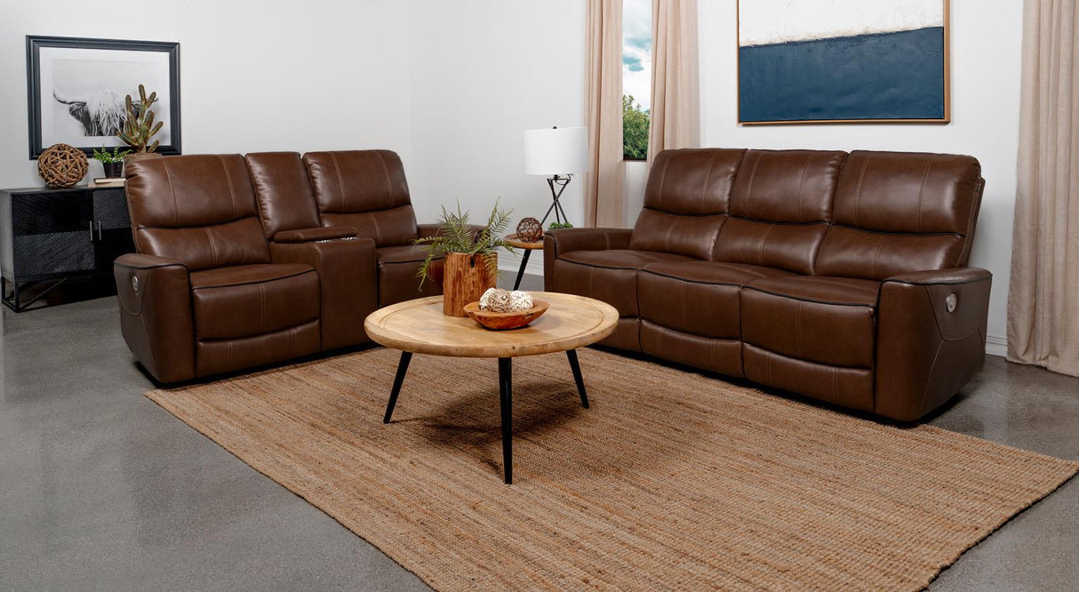 Greenfield Saddle Brown 2-Piece Upholstered Power Reclining Set by Coaster at Eve Furniture