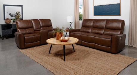 Greenfield Saddle Brown 2-Piece Upholstered Power Reclining Set by Coaster at Eve Furniture
