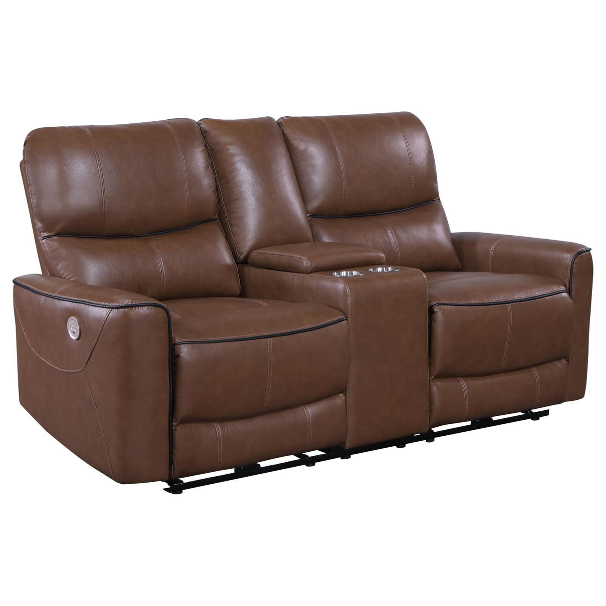 Greenfield Saddle Brown Upholstered Power Reclining Loveseat with Console by Coaster at Eve Furniture