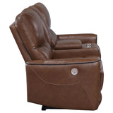 Greenfield Saddle Brown Upholstered Power Reclining Loveseat with Console by Coaster at Eve Furniture