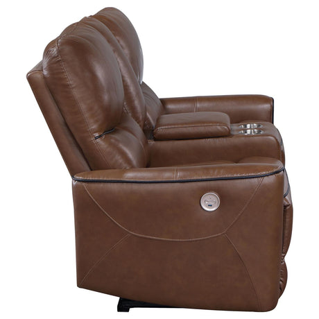 Greenfield Saddle Brown Upholstered Power Reclining Loveseat with Console by Coaster at Eve Furniture