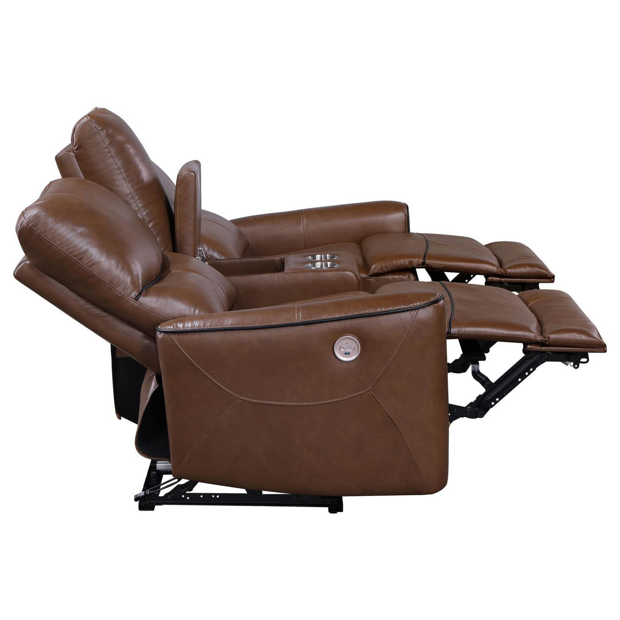 Greenfield Saddle Brown Upholstered Power Reclining Loveseat with Console by Coaster at Eve Furniture