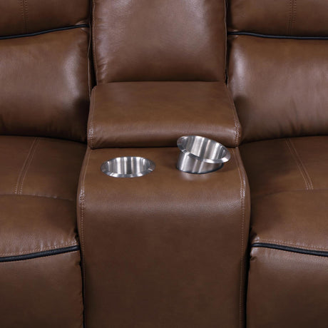 Greenfield Saddle Brown Upholstered Power Reclining Loveseat with Console by Coaster at Eve Furniture