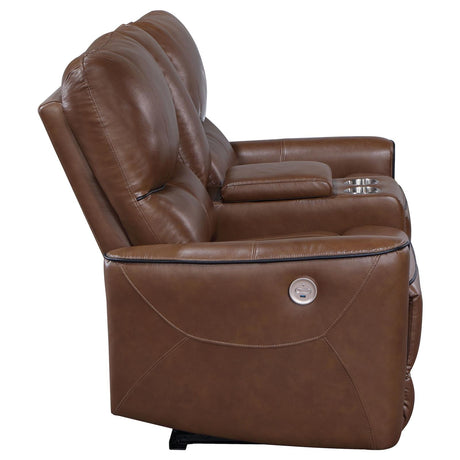 Greenfield Upholstered Power Reclining Loveseat with Console Saddle Brown