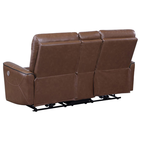Greenfield Saddle Brown Upholstered Power Reclining Loveseat with Console by Coaster at Eve Furniture