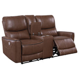 Greenfield Saddle Brown Upholstered Power Reclining Loveseat with Console by Coaster at Eve Furniture