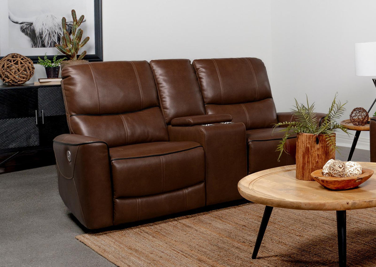 Greenfield Saddle Brown Upholstered Power Reclining Loveseat with Console by Coaster at Eve Furniture
