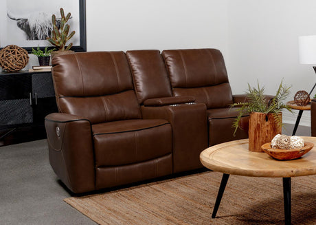 Greenfield Saddle Brown Upholstered Power Reclining Loveseat with Console by Coaster at Eve Furniture