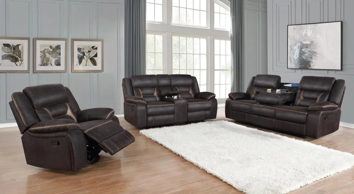 Greer Dark Brown Upholstered Tufted Reclining Living Room Set by Coaster at Eve Furniture