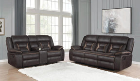 Greer Dark Brown Upholstered Tufted Reclining Living Room Set by Coaster at Eve Furniture