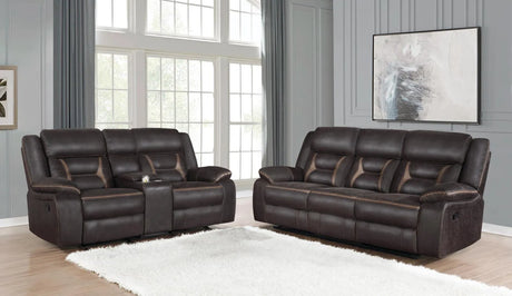 Greer Dark Brown Upholstered Tufted Reclining Living Room Set by Coaster at Eve Furniture