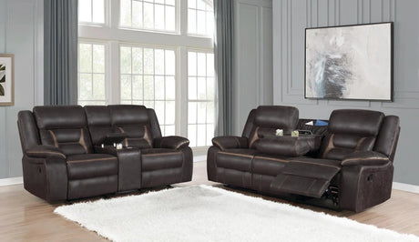 Greer Dark Brown Upholstered Tufted Reclining Living Room Set by Coaster at Eve Furniture