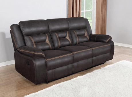 Greer Dark Brown Upholstered Tufted Reclining Living Room Set by Coaster at Eve Furniture
