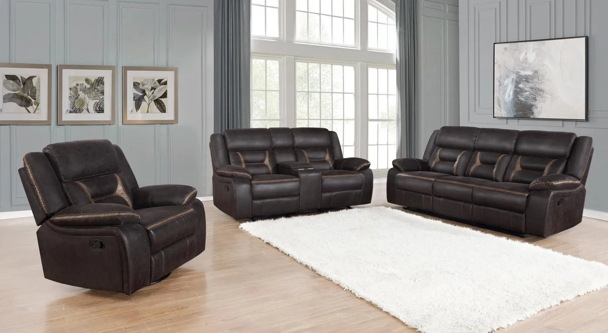 Greer Dark Brown Upholstered Tufted Reclining Living Room Set by Coaster at Eve Furniture