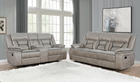 Greer Taupe Upholstered Tufted Reclining Living Room Set by Coaster at Eve Furniture