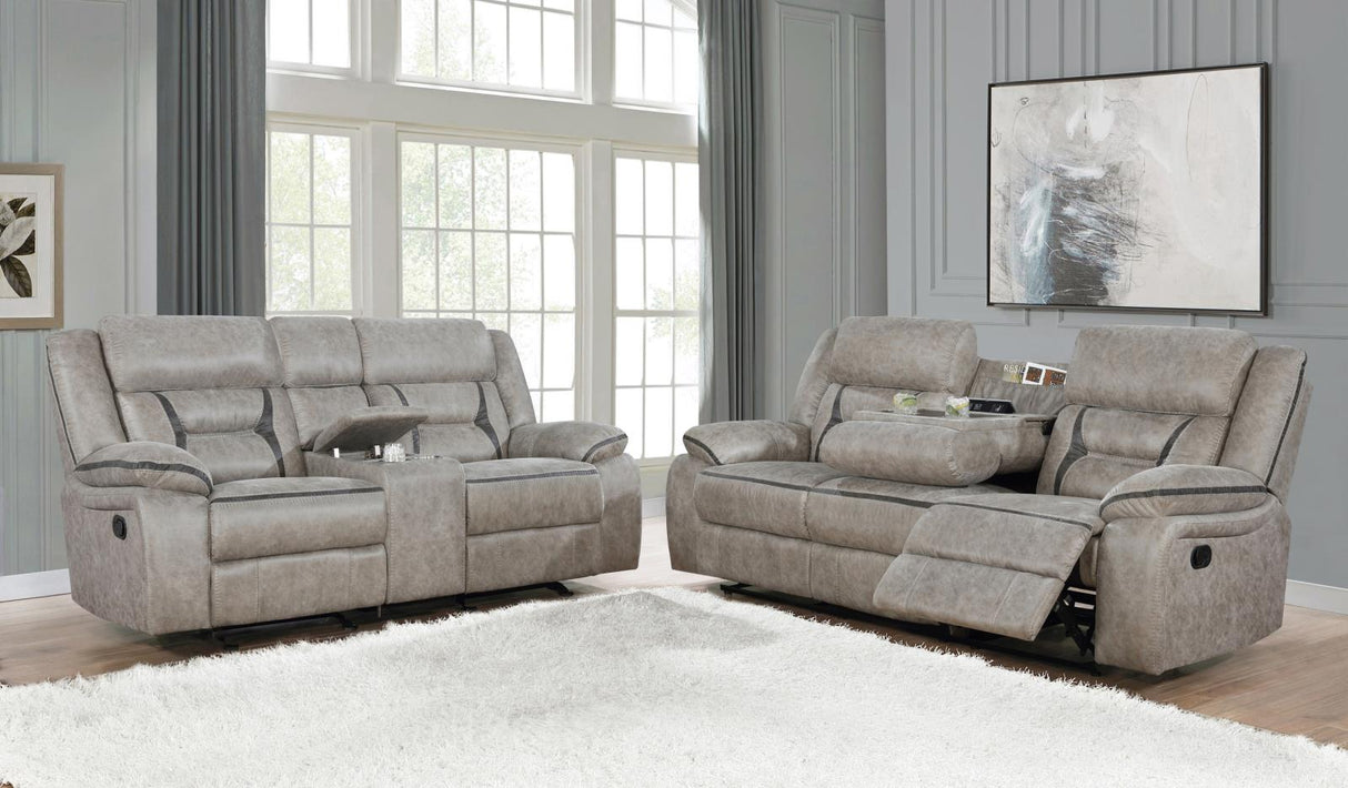Greer Taupe Upholstered Tufted Reclining Living Room Set by Coaster at Eve Furniture