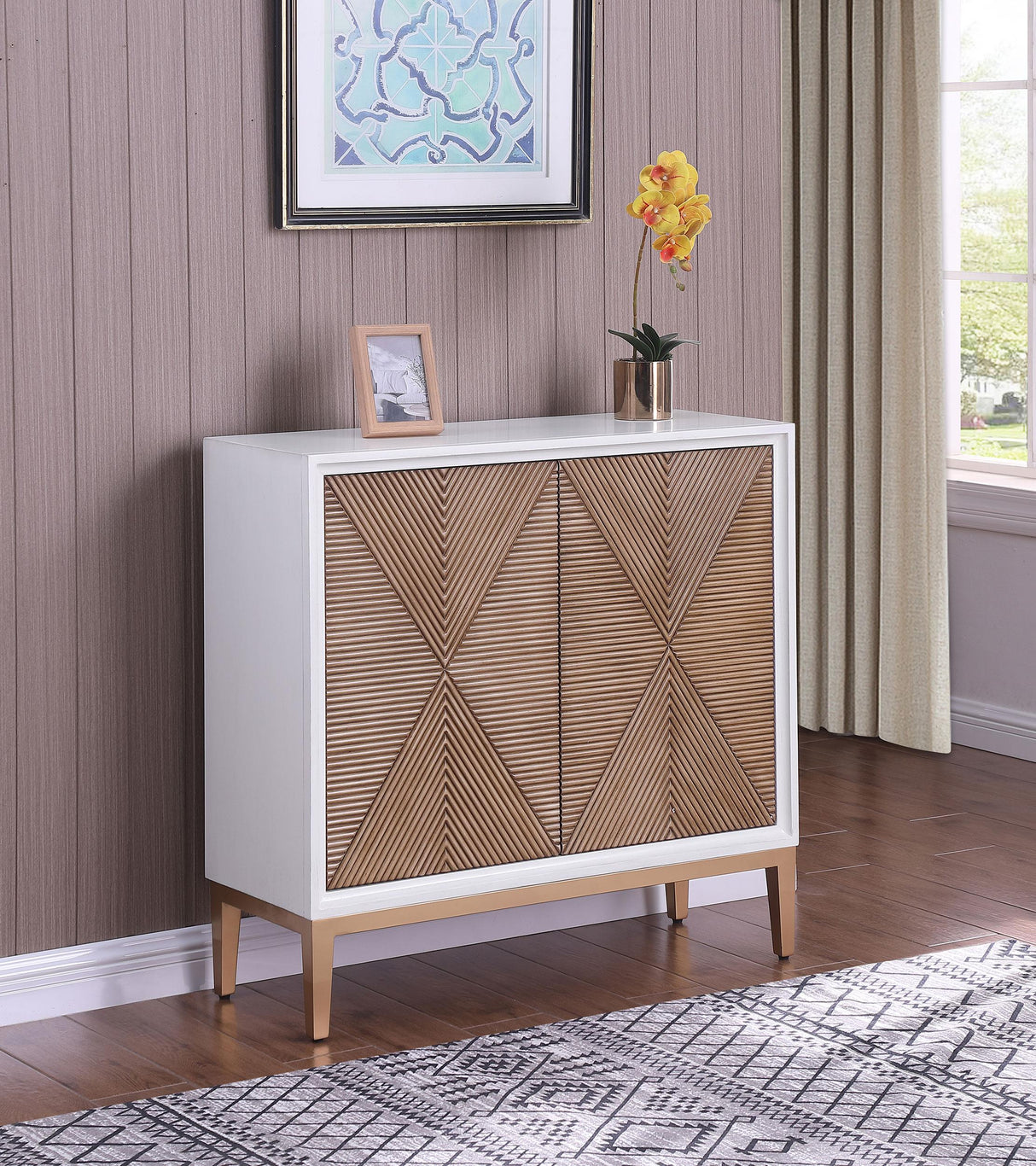 Gretchen White/Brown 2-Door Wood Fluted Parquet Cabinet