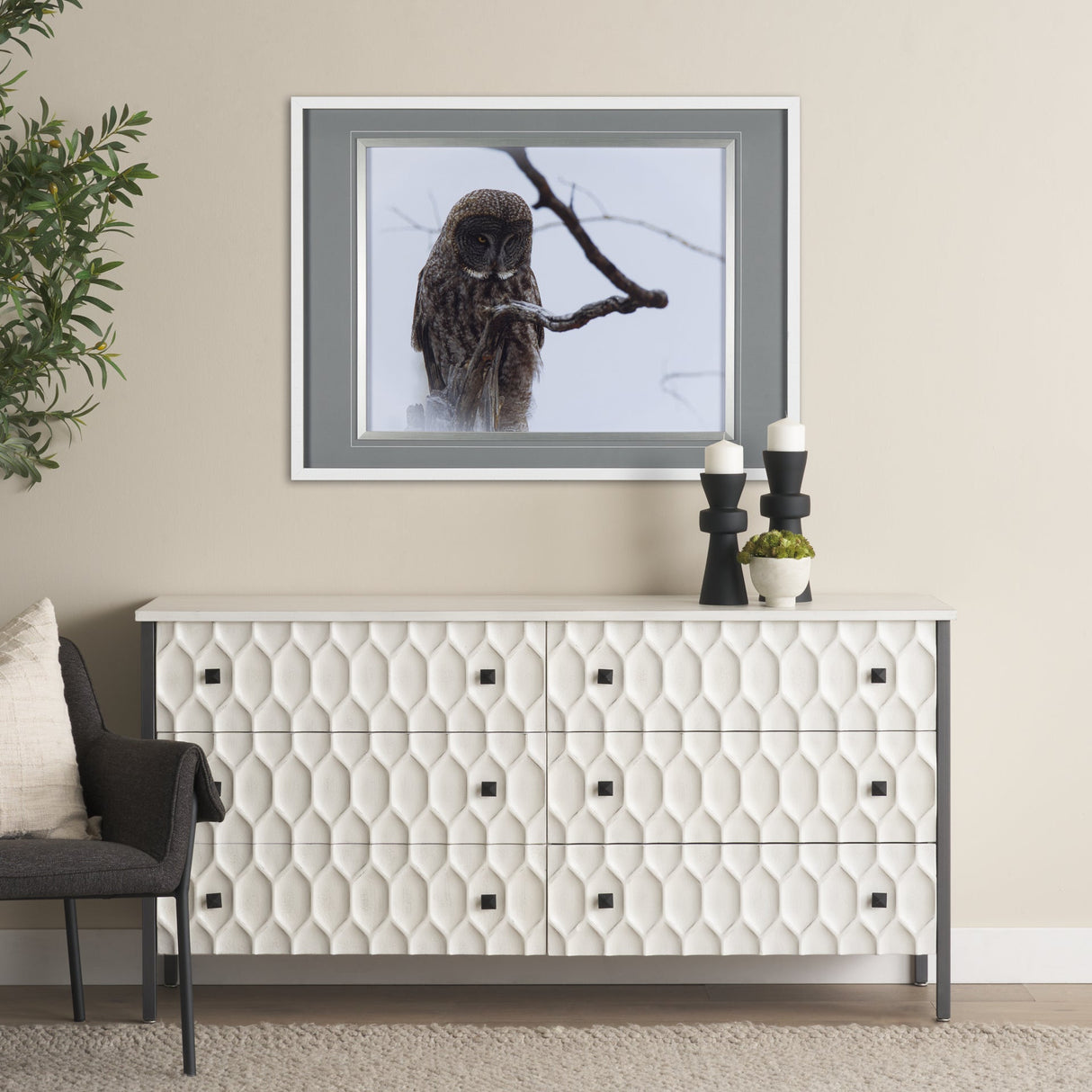 Grey Owl by Chad Mackay a Hand Embellished Textured Framed Photo Art Print Matted under Glass by Mercana at Eve Furniture
