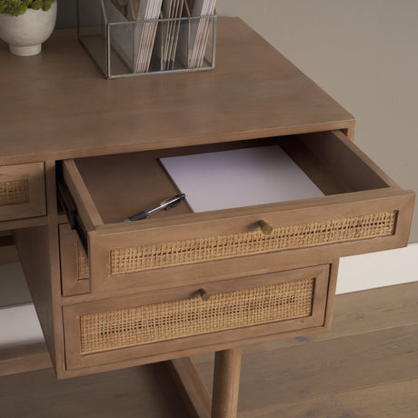 Grier Light Brown Solid Wood W/Cane Office Desk by Mercana at Eve Furniture