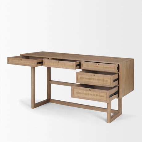 Grier Light Brown Solid Wood W/Cane Office Desk by Mercana at Eve Furniture