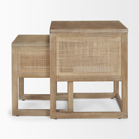 Grier Set of 2 Light Brown Solid Wood w/ Cane Nesting Accent Tables by Mercana at Eve Furniture