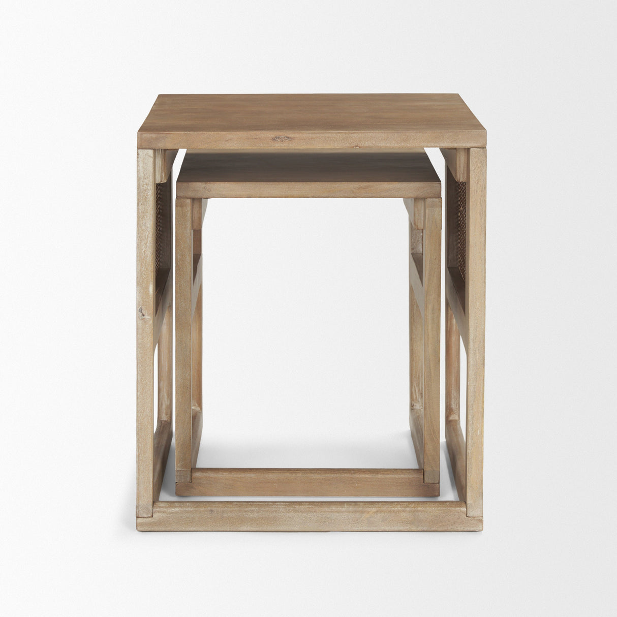 Grier Set of 2 Light Brown Solid Wood w/ Cane Nesting Accent Tables by Mercana at Eve Furniture
