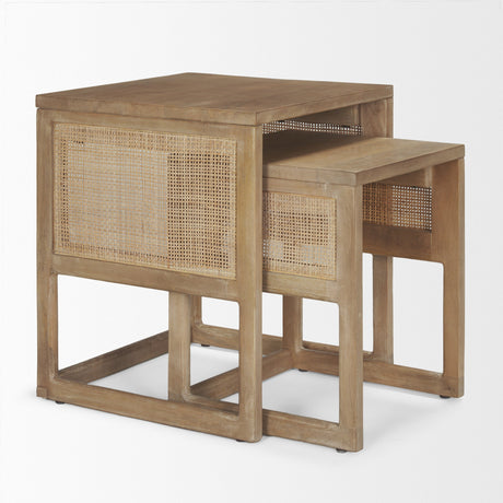 Grier Set of 2 Light Brown Solid Wood w/ Cane Nesting Accent Tables by Mercana at Eve Furniture