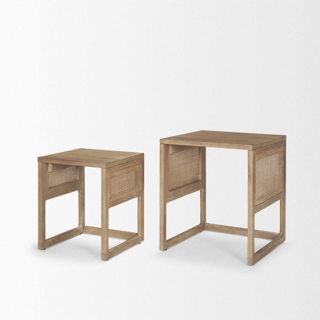 Grier Set of 2 Light Brown Solid Wood w/ Cane Nesting Accent Tables by Mercana at Eve Furniture