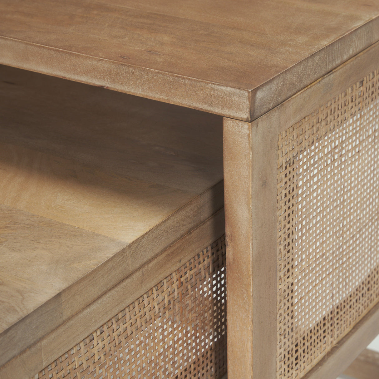 Grier Set of 2 Light Brown Solid Wood w/ Cane Nesting Accent Tables by Mercana at Eve Furniture