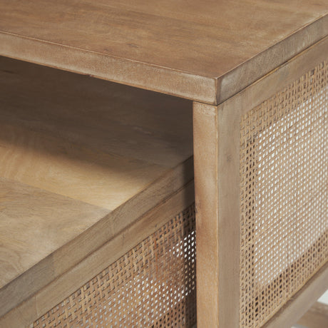 Grier Set of 2 Light Brown Solid Wood w/ Cane Nesting Accent Tables by Mercana at Eve Furniture