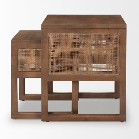 Grier Set of 2 Medium Brown Solid Wood w/ Cane Nesting Accent Tables by Mercana at Eve Furniture