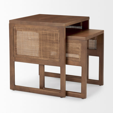 Grier Set of 2 Medium Brown Solid Wood w/ Cane Nesting Accent Tables by Mercana at Eve Furniture