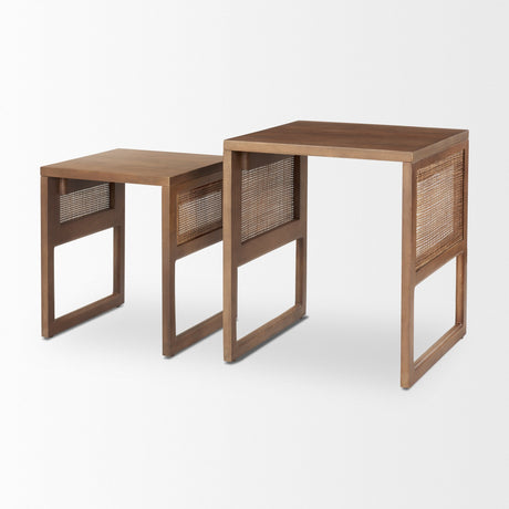 Grier Set of 2 Medium Brown Solid Wood w/ Cane Nesting Accent Tables by Mercana at Eve Furniture