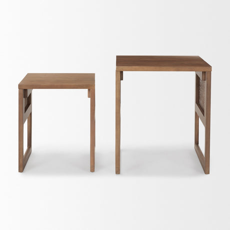 Grier Set of 2 Medium Brown Solid Wood w/ Cane Nesting Accent Tables by Mercana at Eve Furniture