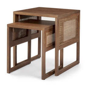 Grier Set of 2 Medium Brown Solid Wood w/ Cane Nesting Accent Tables by Mercana at Eve Furniture