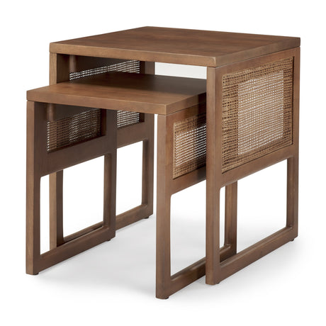 Grier Set of 2 Medium Brown Solid Wood w/ Cane Nesting Accent Tables by Mercana at Eve Furniture