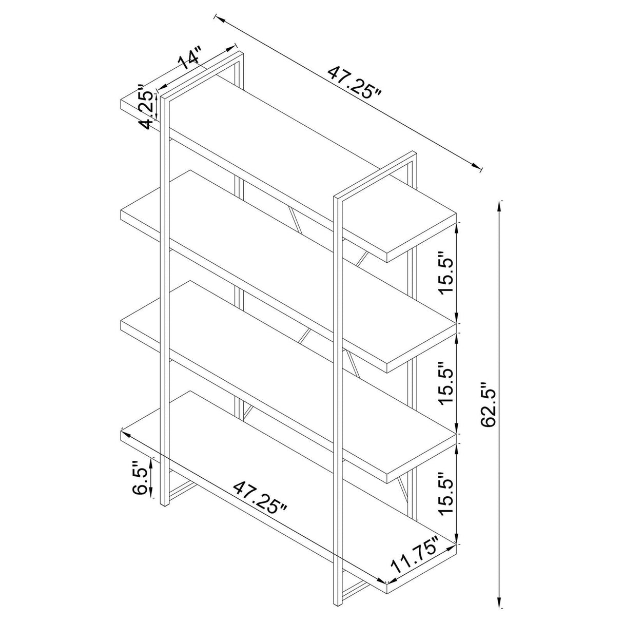 Grimma Rustic Gray Herringbone 4-Shelf Bookcase