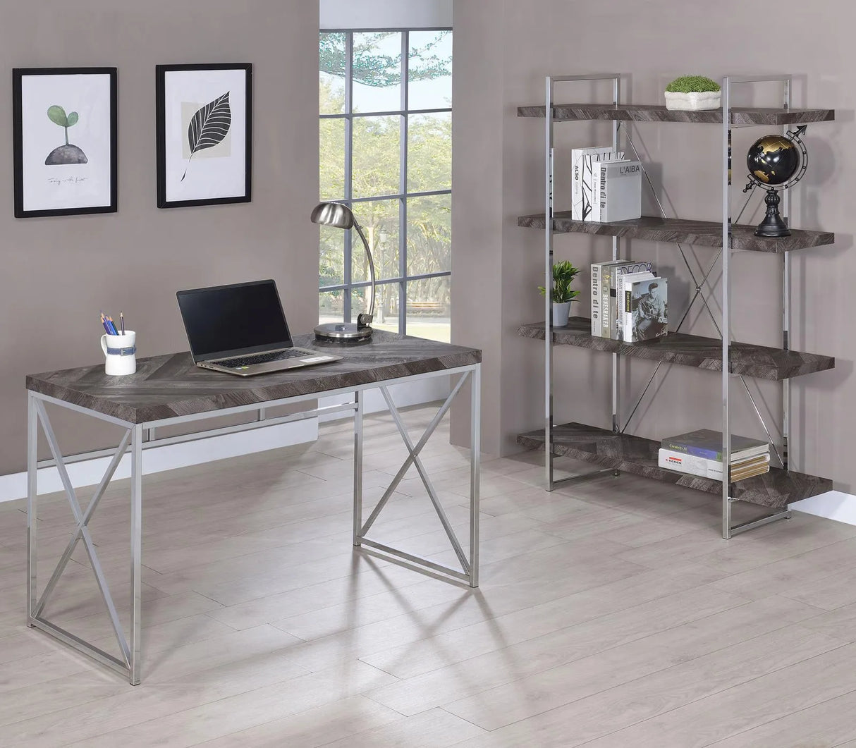 Grimma Rustic Gray Herringbone 4-Shelf Bookcase by Coaster at Eve Furniture