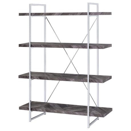 Grimma Rustic Gray Herringbone 4-Shelf Bookcase by Coaster at Eve Furniture