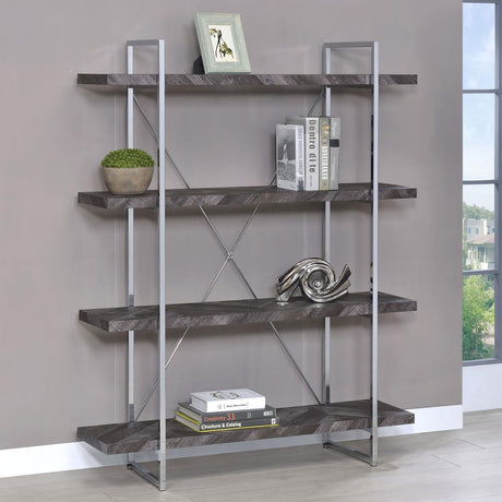 Grimma Rustic Gray Herringbone 4-Shelf Bookcase by Coaster at Eve Furniture