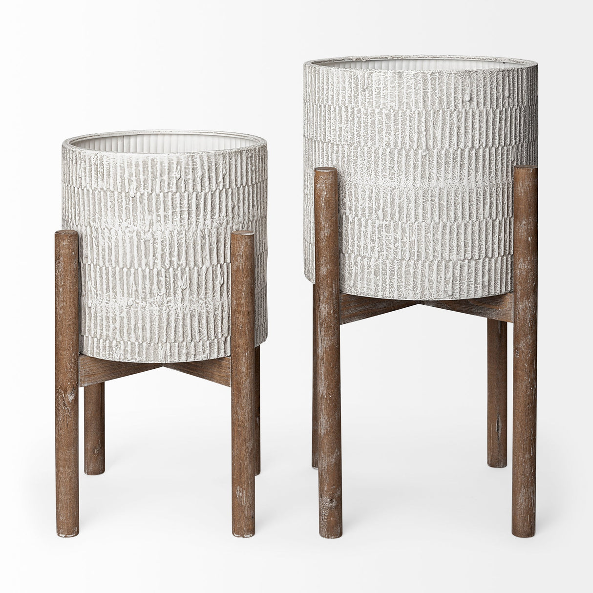 Groot Set of Two 11.8 x 23 Eggshell Ceramic Wooden Base Plant Stands by Mercana at Eve Furniture