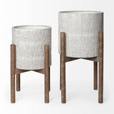 Groot Set of Two 11.8 x 23 Eggshell Ceramic Wooden Base Plant Stands by Mercana at Eve Furniture