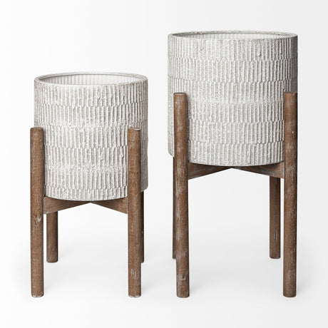 Groot Set of Two Eggshell Ceramic Wooden Base Plant Stands by Mercana at Eve Furniture