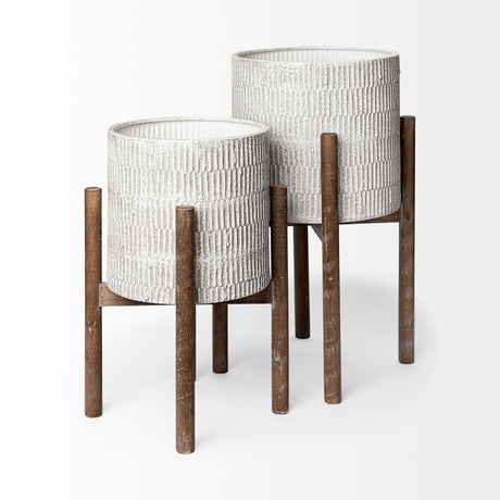 Groot Set of Two Eggshell Ceramic Wooden Base Plant Stands by Mercana at Eve Furniture