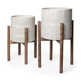 Groot Set of Two Eggshell Ceramic Wooden Base Plant Stands by Mercana at Eve Furniture