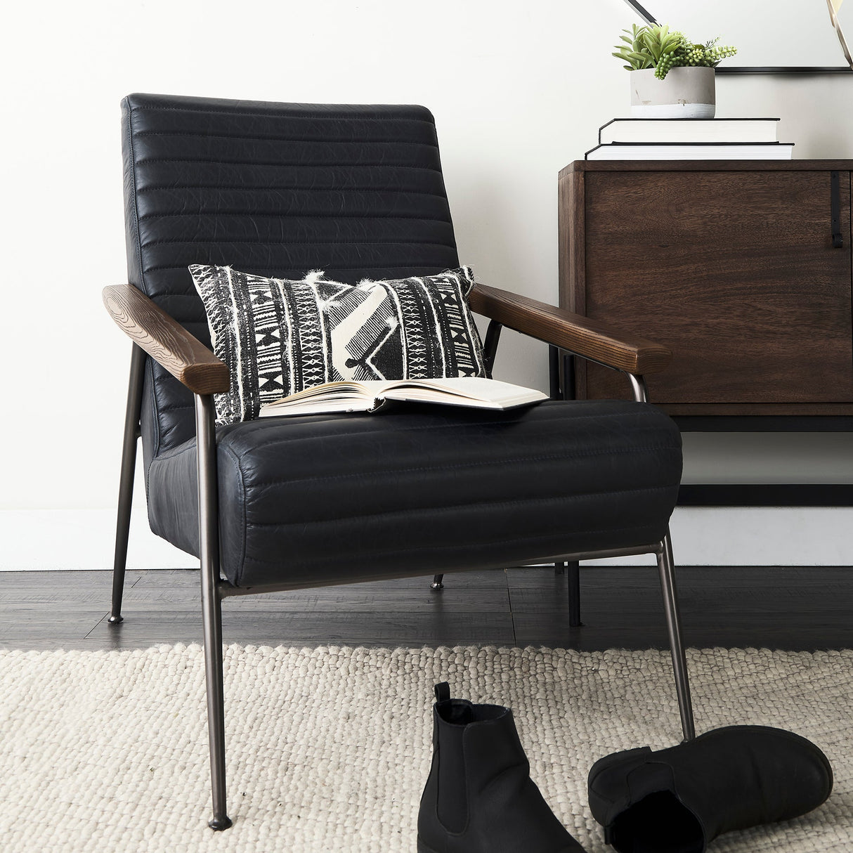 Grosjean Black Leather Wrap Metal Frame Accent Chair by Mercana at Eve Furniture