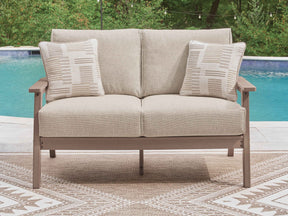 Grover Beach Driftwood Outdoor Loveseat with Cushion by Ashley at Eve Furniture